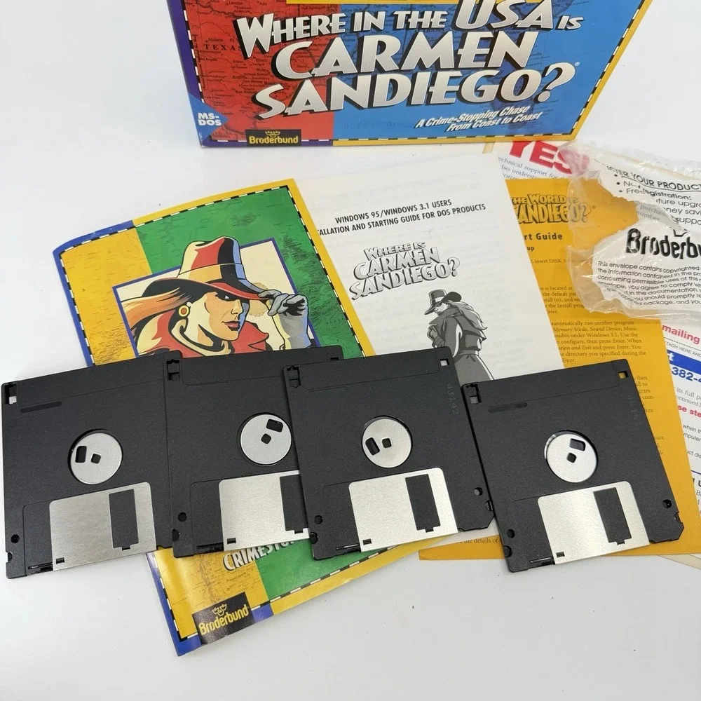 Where In The USA Is Carmen Sandiego Box Microsoft IBM PC 4 Floppy Disks Vtg‎